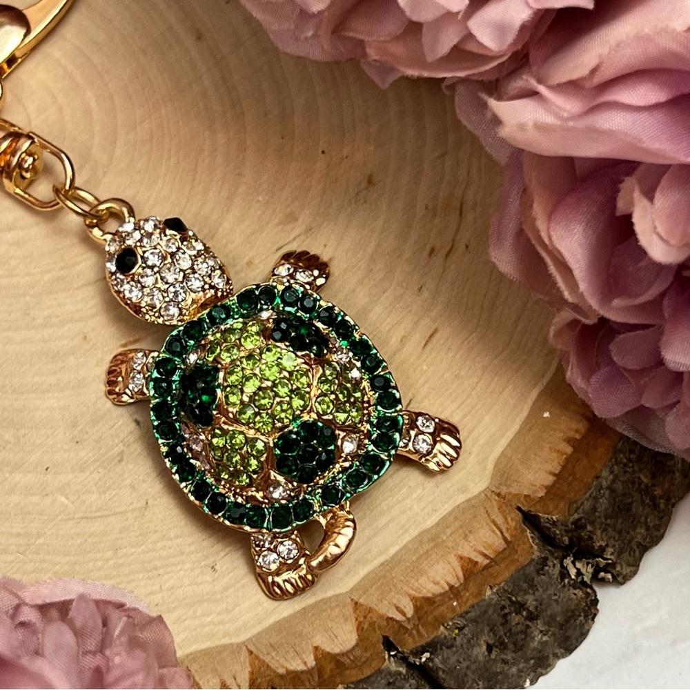 Green and Silver Crystal Turtle Keychain Charm - Picture 9 of 16